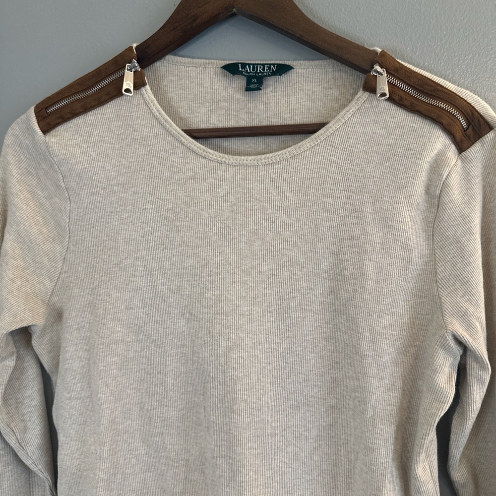 Lauren Ralph Lauren Ribbed Knit Top XL Zip Shoulder Long Sleeve Quiet Luxury - Picture 5 of 6